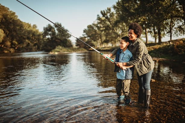 mother and son fishing